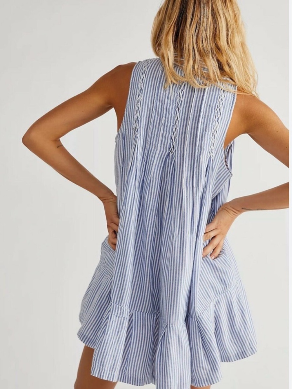 Free People Blue and White Striped Sleeveless Romper w/pockets - Picture 2 of 5